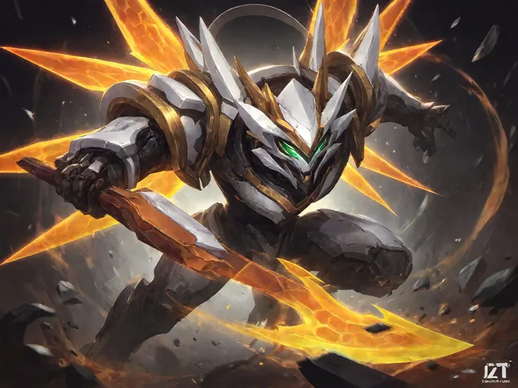 Game Illustration,League of Legends Splash Art,Best aesthetics,a white tiger mech on a debris-flecked battlefield,sharp tiger claws,glowing talons,stubby limbs,glowing eyes,particle flow wings,fighting positions,dynamic poses,<lora:p4-nijimecha-000010:0.7>,nijimecha,lolsplashart,<lora:Hyper-SDXL-4steps-lora:0.8>,