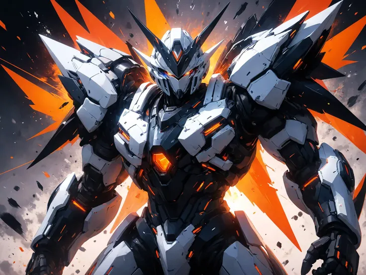 Colourful,vibrant,mysterious colours,contemporary impressionism,illustration of a white mech,exploding aesthetics,damaged mechs,fragmented,manga style,masterpiece,<lora:Hyper-SDXL-4steps-lora:0.8>,<lora:p4-nijimecha-000010:0.5>,nijimecha,