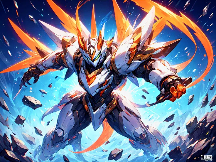 Game Illustration,League of Legends Splash Art,Best aesthetics,a white tiger mech on a debris-flecked battlefield,sharp tiger claws,glowing talons,stubby limbs,glowing eyes,particle flow wings,fighting positions,dynamic poses,<lora:p4-nijimecha-000010:0.7>,nijimecha,lolsplashart,<lora:Hyper-SDXL-4steps-lora:0.8>,