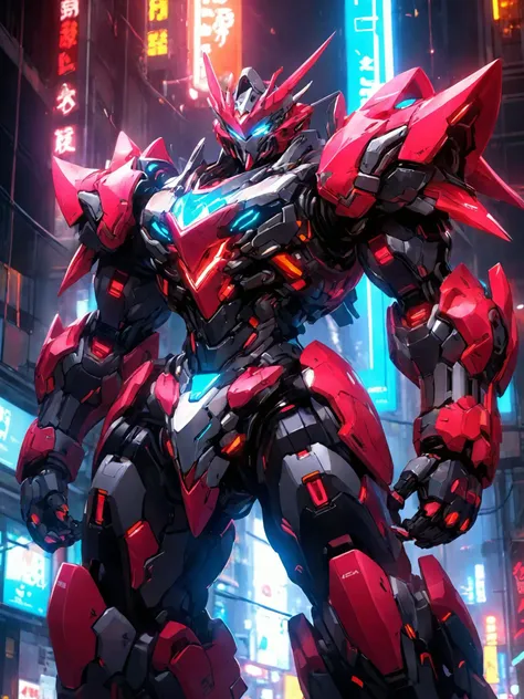 Conceptual design illustration of a neon robot with thick limbs and heavy armor,teeth and claws,cyberpunk,mecha anime style,colorful,science fiction,<lora:p7-nijimecha-000009:0.7>,nijimecha,<lora:Hyper-SDXL-4steps-lora:0.8>,
