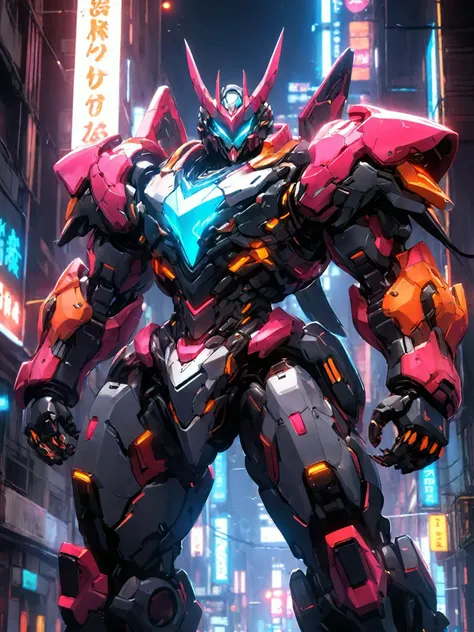 Conceptual design illustration of a neon robot with thick limbs and heavy armor,teeth and claws,cyberpunk,mecha anime style,colorful,science fiction,<lora:p7-nijimecha-000009:0.7>,nijimecha,<lora:Hyper-SDXL-4steps-lora:0.8>,