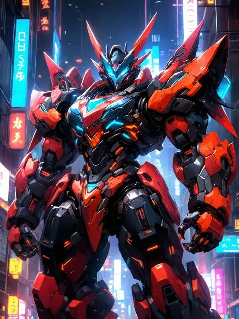 Conceptual design illustration of a neon robot with thick limbs and heavy armor,teeth and claws,cyberpunk,mecha anime style,colorful,science fiction,<lora:p7-nijimecha-000009:0.7>,nijimecha,<lora:Hyper-SDXL-4steps-lora:0.8>,