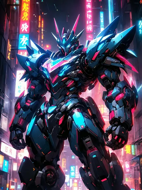 Conceptual design illustration of a neon robot with thick limbs and heavy armor,teeth and claws,cyberpunk,mecha anime style,colorful,science fiction,<lora:p7-nijimecha-000009:0.7>,nijimecha,<lora:Hyper-SDXL-4steps-lora:0.8>,