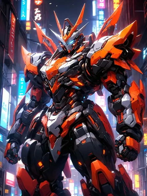 Conceptual design illustration of a neon robot with thick limbs and heavy armor,teeth and claws,cyberpunk,mecha anime style,colorful,science fiction,<lora:p7-nijimecha-000009:0.7>,nijimecha,<lora:Hyper-SDXL-4steps-lora:0.8>,