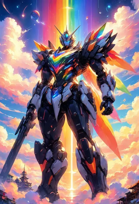 Abstract modern artwork,surreal,particle effects,clouds,masterpieces,black mechs standing in the sunset with a colorful rainbow behind them,science fiction<lora:p19-nijimecha-000006:0.7>,nijimecha,<lora:Hyper-SDXL-8steps-CFG-lora:0.3>,