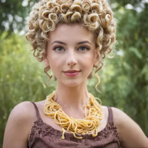 Positive: cinematic photo a pretty cute woman with curly ((spaghetti)) hair, pompadour,portrait inspired by lisabeth Vige Le Brun, (rococo), <lora:rococo:0.7> bolognese splatter
 . 35mm photograph, film, bokeh, professional, 4k, highly detailed