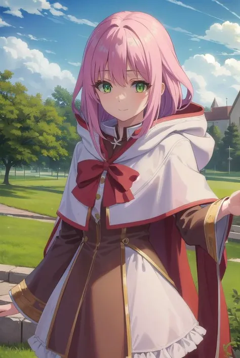 nornclatalissajioral, <lora:norn clatalissa jioral s1-lora-nochekaiser:1>,
norn clatalissa jioral, long hair, hair between eyes, (green eyes:1.5), pink hair, smile,
BREAK long sleeves, dress, bow, red bow, hood, robe, white robe,
BREAK outdoors, forest, nature, grass, trees, sun, sky, clouds,
BREAK looking at viewer, (cowboy shot:1.5),
BREAK <lyco:GoodHands-beta2:1>, (masterpiece:1.2), best quality, high resolution, unity 8k wallpaper, (illustration:0.8), (beautiful detailed eyes:1.6), extremely detailed face, perfect lighting, extremely detailed CG, (perfect hands, perfect anatomy),