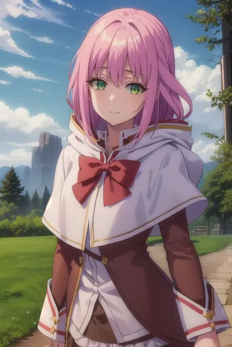 nornclatalissajioral, <lora:norn clatalissa jioral s1-lora-nochekaiser:1>,
norn clatalissa jioral, long hair, hair between eyes, (green eyes:1.5), pink hair, smile,
BREAK long sleeves, dress, bow, red bow, hood, robe, white robe,
BREAK outdoors, forest, nature, grass, trees, sun, sky, clouds,
BREAK looking at viewer, (cowboy shot:1.5),
BREAK <lyco:GoodHands-beta2:1>, (masterpiece:1.2), best quality, high resolution, unity 8k wallpaper, (illustration:0.8), (beautiful detailed eyes:1.6), extremely detailed face, perfect lighting, extremely detailed CG, (perfect hands, perfect anatomy),