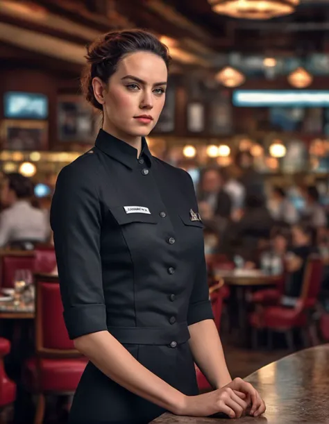 form fitting, tight outfit, a (full height:1.4) digital painting of (ohwx woman:1.1) wearing a waitress uniform in a fancy restaurant , looking at the camera, ohwx, A bold undercut with one side of the head shaved close, while the other side cascades with long, wavy tresses., cinematic lighting, epic, inspiring, hdr, highly detailed, cinematic composition,<lora:daisy_lora_sdxl_v1:1>