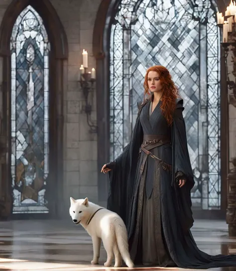 (full height:1.3), a beautiful (ohwx woman:1.1) withAs Catelyn Stark, the fiercely protective mother, wearing a dignified, fur-lined gown, her red hair pulled back, standing in the halls of Winterfell, a mix of sorrow and resolve in her eyes, the Stark family banner and direwolf sigil displayed proudly in the background., inspired by Krenz Cushart, neoism, kawacy, wlop, gits anime,A medium length hairstyle, styled into loose, beachy waves., <lora:daisy_lora_sdxl_v1:1>