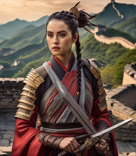 (full height:1.3), a beautiful (ohwx woman:1.1) withAs Mulan, dressed in her red and yellow warrior armor, standing on the Great Wall of China alongside Mushu and her fellow soldiers, breathtaking landscape, dynamic action, vivid colors, evocative of the captivating art style, high-resolution, capturing the heroism and bravery of the beloved film., inspired by Krenz Cushart, neoism, kawacy, wlop, gits anime,An intricate faux hawk braid, with tightly woven cornrows on the sides leading to a voluminous braided crest along the center., <lora:daisy_lora_sdxl_v1:1>