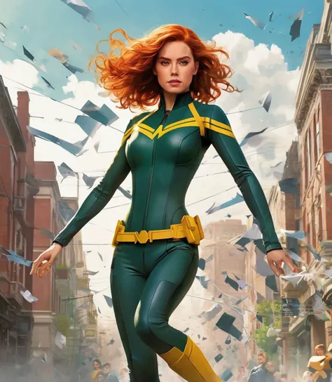 A woman in a green and yellow costume is walking through a city - SeaArt AI