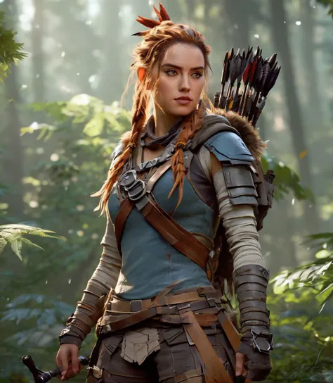 cinematic photo a (full height photograph:1.2) of ((ohwx woman)) , (by Alyssa Monks:1.1), beautiful lighting, sharp focus, 8k, high res,Masterpiece, Nikon Z9, Award - winning photograph , athletic body,As Aloy in Horizon Zero Dawn, dressed in her distinctive, tribal-inspired armor, wielding her powerful bow and arrows, stalking robotic wildlife in a post-apocalyptic, lush environment, vivid colors, high-resolution, 8k quality, detailed landscape, true to the Horizon Zero Dawn world, captivating digital artwork. ,<lora:kaitlyndever_dh128_v1:1.1> . 35mm photograph, film, bokeh, professional, 4k, highly detailed