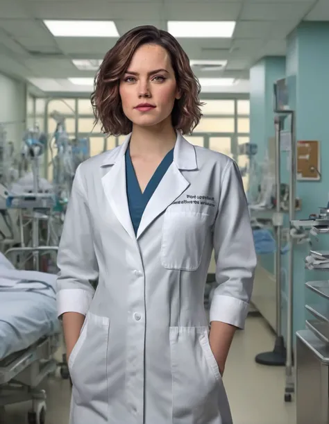 PORTRAIT, REALISTIC, PHOTOREALISTIC, Keira Knightley, a ambulance medic, At hospital, E.R,