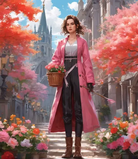 (full height:1.3), a beautiful (ohwx woman:1.1) withAs Aerith Gainsborough from Final Fantasy VII, wearing her pink dress, red bolero jacket, and brown boots, carrying her flower basket and staff. She stands in the iconic Sector 5 Church, surrounded by blooming flowers, her gentle and compassionate demeanor offering hope and solace to those in need., inspired by Krenz Cushart, neoism, kawacy, wlop, gits anime,A patchwork of colorful hair squares, where small sections of hair are dyed in different bright shades, creating a checkerboard effect., <lora:daisy_lora_sdxl_v1:1>