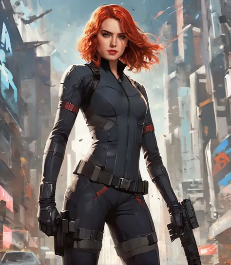 (full height:1.3), a beautiful (ohwx woman:1.1) withAs Black Widow from the Marvel Cinematic Universe, clad in her form-fitting black tactical suit, her red hair framing her face. She engages in a high-octane fight against formidable foes, her expert martial arts skills and spy training evident as she takes them down with precision and grace., inspired by Krenz Cushart, neoism, kawacy, wlop, gits anime,A long bob with chunky, asymmetrical layers, creating a jagged and edgy silhouette., <lora:daisy_lora_sdxl_v1:1>