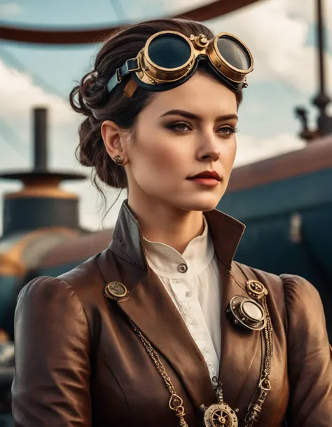 cinematic photo (full height:1.3), a beautiful (((ohwx woman))) As a steampunk aviator, adorned in leather and brass, goggles rested on her forehead, standing confidently next to a steam-powered flying machine. The city skyline dotted with zeppelins forms the backdrop., inspired by Krenz Cushart, neoism, kawacy, wlop, gits anime,A wavy bob, pulled back with a steampunk-inspired hair accessory., <lora:daisy_dh128_lora_v2b:1> . 35mm photograph, film, bokeh, professional, 4k, highly detailed