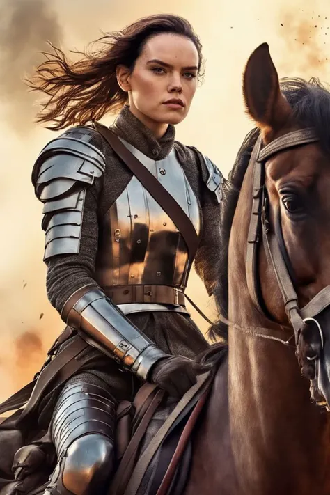 A (full length:1.4) (modern comic book cover:1.0) of Daisy Ridley with Extremely long, wavy hair with a deep side part, adding volume and drama. hairstyle , as a ,(Riding at the head of an advancing army, a female human Cavalier (photorealistic:1.35) exudes leadership. Her face, featuring (military-grade, simple makeup:1.2), carries an air of stern determination. She rides a heavily armored warhorse, and carries a lance radiating with magic. The marching army, the sprawling battlefield, and the Cavalier's commanding presence capture the essence of warfare:1.4)., <lora:daisy_lora_sdxl_v1-000008:0.8> ohwx woman, ohwx, Light through a patterned or textured surface for creative shadows (Patterned Light)., (Underwater:1.3),Eve Ryder, comic book, a comic book panel, sots art