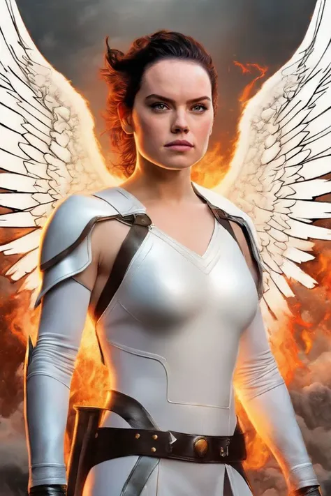 A (full length:1.4) (modern comic book cover:1.0) of Daisy Ridley with A shaggy, short cut. hairstyle , as a ,(n the heat of a fierce, hellish battlefield, a female human Angel (photorealistic:1.35) stands, a beacon of divine hope. Her radiant face is adorned with (soft, heavenly makeup:1.2), a testament to her celestial purity. She descends upon the battlefield, a sword of holy flame in hand, her vast wings reflecting divine radiance. Celestial allies join her, a sign of heavenly support. Her actions embody the fearless leadership of her mythic path:1.4)., <lora:daisy_lora_sdxl_v1-000008:0.8> ohwx woman, ohwx, Flash with a colored gel for creative portrait effects (Colored Flash)., (Cityscape:1.3),Eve Ryder, comic book, a comic book panel, sots art