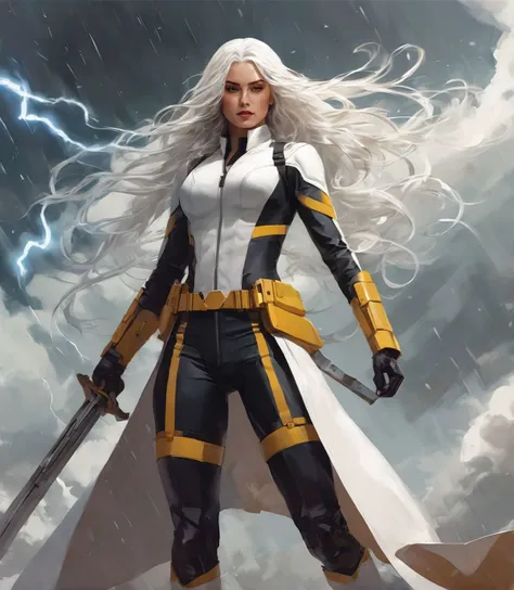 ((Full body photo, standing, feet on the ground)) Best Quality,High resolution,ultra detailed,realist:1.37,professional, Dark skin, dynamic,sequence of images of something or someone in motion,storm character art,x-men storm,storm conjuring lightning,storm with loose white hair,storm with intense look,storm in a powerful pose,strong facial features,The iconic storm cape.,storm surrounded by storm clouds,storm with spectacular lighting,The eyes of the storm shine white.,The storm's lightning powers crackle,storm with an intense expression,storm with determined look,storm with his classic suit,storm floating in the air,storm with winds swirling around it,storm creating a storm,storm throwing lightning,storm cape fluttering in the wind,storm with a fierce and confident stance,vivid colors,bokeh,portrait