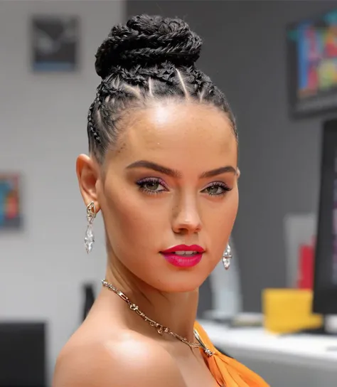 (full height:1.3), a beautiful (ohwx woman:1.1) withA sleek bodysuit in a bold, bright color, paired with high-waisted skinny jeans and ankle boots with a pointed toe., inspired by Krenz Cushart, neoism, kawacy, wlop, gits anime,A fusion of box braids and mohawk, where the braids flow from the front to the crown, leaving the nape and sides with a close shave., <lora:daisy_lora_sdxl_v1:1>