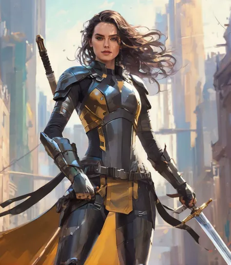 (full height:1.3), a beautiful (ohwx woman:1.1) withFighter - A tight-fitting black and gold suit of armor that hugs her body tightly. The armor features a short skirt that reveals her toned legs and high-heeled boots that make her even taller. She carries a long sword in her hand and exudes an air of power and confidence., inspired by Krenz Cushart, neoism, kawacy, wlop, gits anime,Long, wavy hair styled with a boho-chic, half-up, half-down look., <lora:daisy_lora_sdxl_v1:1>