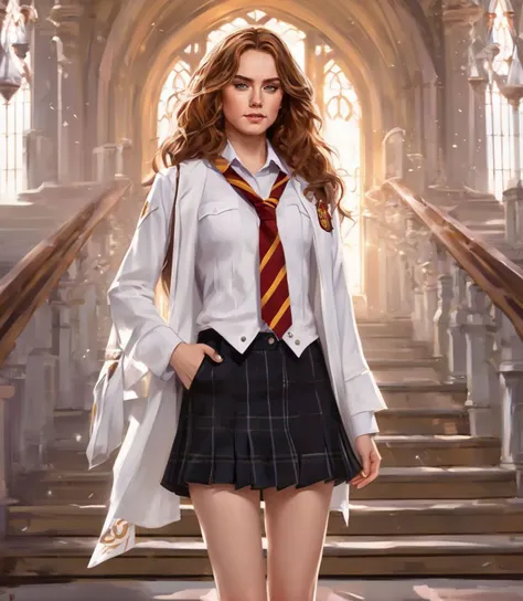 (full height:1.3), a beautiful (ohwx woman:1.1) withAs Hermione Granger from the Harry Potter series, clad in her Hogwarts school uniform with a Gryffindor tie and robe, her wand at the ready. She stands in the halls of the magical castle, her intellect and loyalty shining through as she prepares to face challenges with her friends Harry and Ron., inspired by Krenz Cushart, neoism, kawacy, wlop, gits anime,A medium length hairstyle, styled into loose, beachy waves., <lora:daisy_lora_sdxl_v1:1>