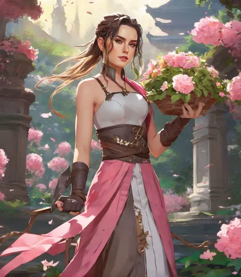 (full height:1.3), a beautiful (ohwx woman:1.1) withAs Aerith Gainsborough from Final Fantasy VII, wearing her pink dress, red bolero jacket, and brown boots, carrying her flower basket and staff. She stands in the iconic Sector 5 Church, surrounded by blooming flowers, her gentle and compassionate demeanor offering hope and solace to those in need., inspired by Krenz Cushart, neoism, kawacy, wlop, gits anime,Long Senegalese twists, cascading over one shoulder, with the opposite side of the head buzzed into an edgy undercut., <lora:daisy_lora_sdxl_v1:1>