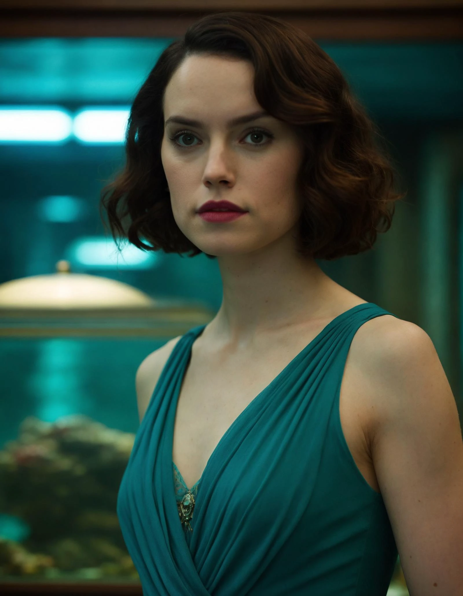 cinematic photo a mysterious (((ohwx woman))) As Elisa from The Shape of Water, communicating silently with the aquatic creature, their bond transcending words., Hair styled in a 60s fashion, capturing the era's essence and her quiet defiance., <lora:daisy_dh128_lora_v2b:1> . 35mm photograph, film, bokeh, professional, 4k, highly detailed