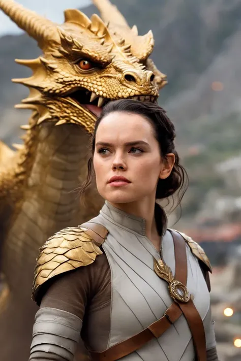 A (full length:1.4) (modern comic book cover:1.0) of Daisy Ridley with Long hair with random sections twisted into thick, pointed spikes, held in place with strong-hold gel. hairstyle , as a ,(Amid the craggy peaks of a towering mountain range, a female human Gold Dragon (photorealistic:1.35) watches over her protected realm. Her face, bedecked with (golden, majestic makeup:1.2), mirrors her dragon-born wisdom. She stands regally, mighty wings extended, commanding a breath-taking dragonflight. Her majestic presence and merciful heart depict the guardian spirit of her mythic path:1.4)., <lora:daisy_lora_sdxl_v1-000008:0.8> ohwx woman, ohwx, String lights as a bokeh backdrop (Bokeh String Lights)., (Aged Paper:1.3),Eve Ryder, comic book, a comic book panel, sots art