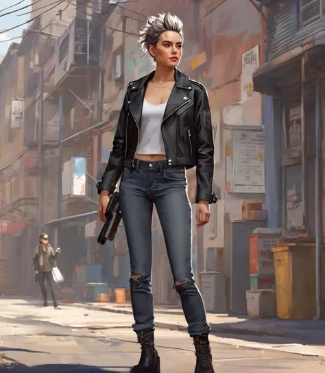 (full height:1.3), a beautiful (ohwx woman:1.1) withA Breaking Bad-inspired leather jacket and skinny jeans - The leather jacket and skinny jeans are inspired by the fashion in the show, with a cool, edgy design that highlights the woman's curves. The outfit is perfect for a casual day out and gives off a rebellious, confident vibe., inspired by Krenz Cushart, neoism, kawacy, wlop, gits anime,A daring mohawk with twisted Bantu knots lining the center crest, while the sides are smoothly shaved., <lora:daisy_lora_sdxl_v1:1>