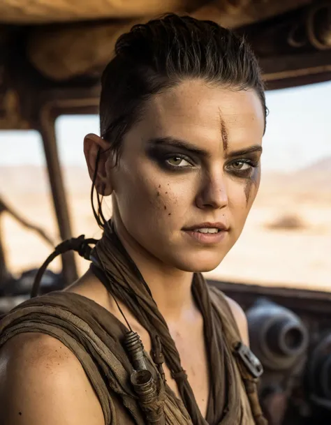 cinematic photo a fierce (((ohwx woman))) As Furiosa from Mad Max: Fury Road, driving the War Rig through the wasteland, her determination unwavering against Immortan Joe's war boys., Hair shaved close to the scalp, symbolizing her defiance and break from oppression., <lora:daisy_dh128_lora_v2b:1> . 35mm photograph, film, bokeh, professional, 4k, highly detailed