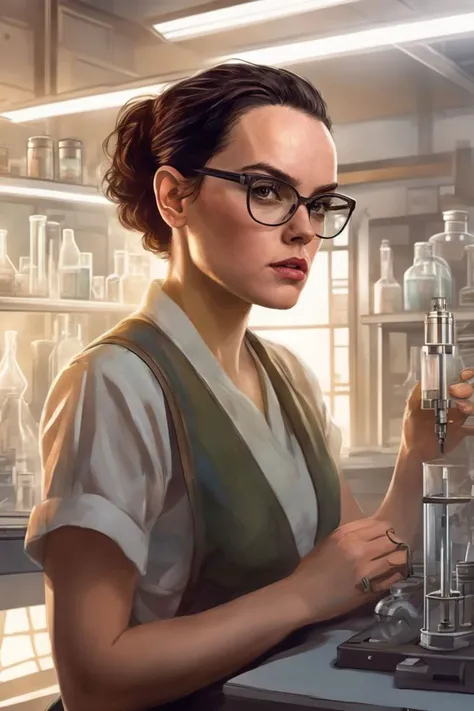 A (full length:1.4) (modern comic book cover:1.0) of Daisy Ridley with A buzz cut. hairstyle , as a ,(In the heart of a bustling laboratory, a female human Alchemist is caught in the act of discovery (photorealistic:1.35). The glow of her concoction illuminates her face, revealing the focused expression and (subtle, practical makeup:1.2). The fumes of her creation curl into whimsical shapes, hinting at the magical properties. The busy laboratory, the glowing concoction, and the Alchemist's intent concentration capture the spirit of discovery:1.4)., <lora:daisy_lora_sdxl_v1-000008:0.8> ohwx woman, ohwx, Spotlight with a snoot for a focused beam of light (Focused Spotlight)., (Monochrome:1.3),Eve Ryder, comic book, a comic book panel, sots art