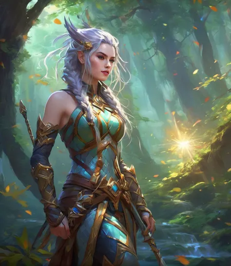(full height:1.3), a beautiful (ohwx woman:1.1) withAs a Night Elf in World of Warcraft, wearing majestic, ornate armor, standing amidst a mystical, enchanted forest with ancient trees, moonlight filtering through the leaves, holding a glowing staff, poised for battle, vivid colors, high-resolution, 8k quality, detailed landscape, immersive digital painting., inspired by Krenz Cushart, neoism, kawacy, wlop, gits anime,A side-swept mohawk with cascading waves, the opposite side adorned with a lattice pattern of tight cornrows., <lora:daisy_lora_sdxl_v1:1>