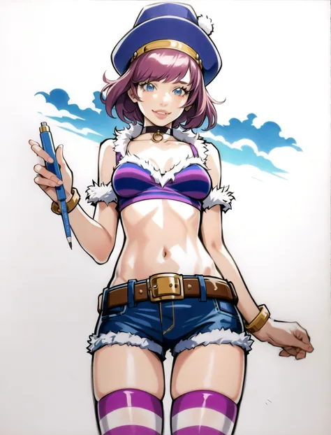 1girl, thighhighs, navel, striped, shorts, short hair, fur trim, belt, sky, choker, breasts, looking at viewer, blue eyes, traditional media, 1boy, parted lips, medium breasts, holding, standing, marker (medium), cloud, hat, cowboy shot, lips, bangs, smile, <lora:eisu_2-000032:1>