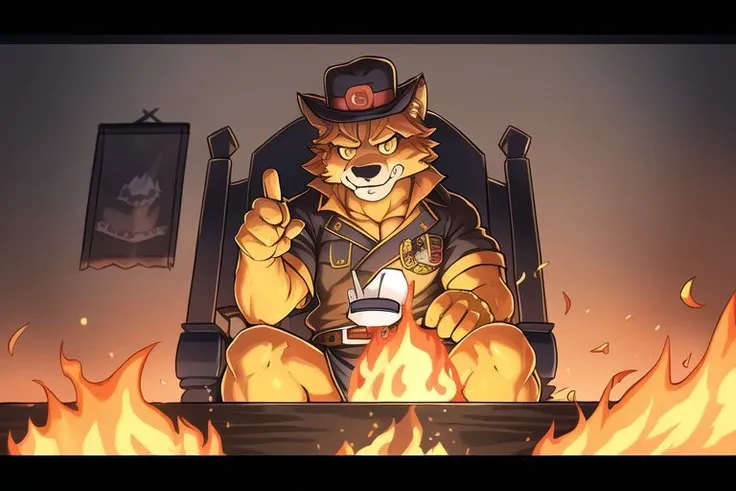 1boy, muscular, gigachad, wise, sophisticated, sfw, cool, itsfine,  itsfine, ((room on fire)) a charming shelti dog wearing a small black hat, (hat on fire) shelti, (fire everywhere) sitting in a chair in front of a fire, cup of coffee on table, (brown-yellow fur), (black floppy ears), heavy fire on the background, meme, distressmale wolf anthro, furry, kemono,  fluffy fur, solo, <lora:BODY_ANIMAL_shelti:0.4>   <lora:NSFW_BODY_FUR_purefurry_v0.2:0.4> <lora:NSFW_BODY_FUR_(concept)N
R\BcR6	hyper_muscle_2-000006:0.4>  <lora:improve_backgrounds:0.3>