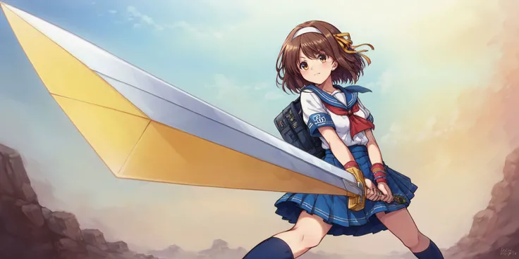 score_9,score_8_up,score_7_up BREAK source_anime,masterpiece,top quality,best quality, 1girl,sunrise stance,holding,holding weapon,holding sword,standing, ,<lora:pony-sunrise:1>,1girl, suzumiya haruhi, solo, kita high school uniform, blue sailor collar, blue skirt, brown hair, short hair, brown eyes, armband, hairband, medium hair, ribbon, socks, medium breasts, (masterpiece, best quality, high quality, highres, ultra-detailed),