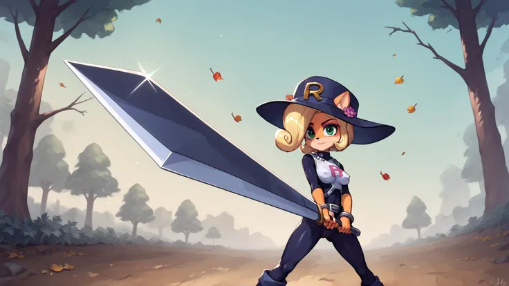 score_9,score_8_up,source_7_up,source_anime,masterpiece BREAK 1girl,<lora:pony-sunrise:0.8>,coco bandicoot,looking at viewer,forest,trees,fallen leaves,path,dark skies,grey sky,looking at viewer,desaturated,muted palette,top quality,best quality,1girl,sunrise stance,holding,holding weapon,holding sword,standing,covered nipples,pussy,team rocket uniform,