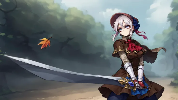 score_9,score_8_up,source_7_up,source_anime,masterpiece BREAK 1girl,<lora:plaindoll-pdxl-nvwls-v1:1>,plaindoll,<lora:pony-sunrise:1>,white hair,doll joints,bonnet,red ascot,brown cloak,brown dress,gloves,looking at viewer,expressionless,forest,trees,fallen leaves,path,dark skies,grey sky,looking at viewer,desaturated,muted palette,open coat,covered nipples,top quality,best quality,1girl,sunrise stance,holding,holding weapon,holding sword,standing,