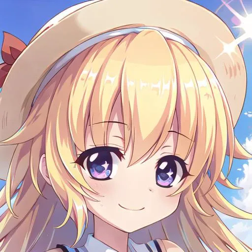 1girl, hasegawa mii\(re:stage!\), blonde hair, long hair, wavy hair, purple eyes, eyes\(hasegawa mii\), smile, sun hat, <lora:hasegawa mii v1 test12-000018:0.8>