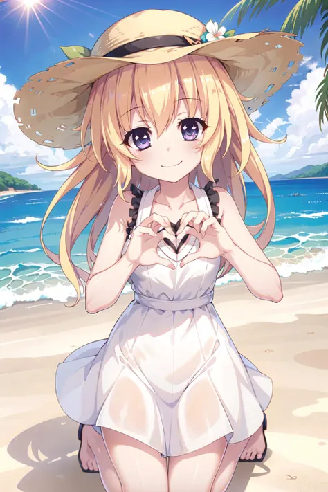 1girl, hasegawa mii\(re:stage!\), blonde hair, wavy hair, purple eyes, eyes\(hasegawa mii\), detailed eyes, detailed face, (heart hands:1), smile, Sundress, sun hat, beach, (wariza:1), <lora:hasegawa mii v1 test12-000018:0.7>