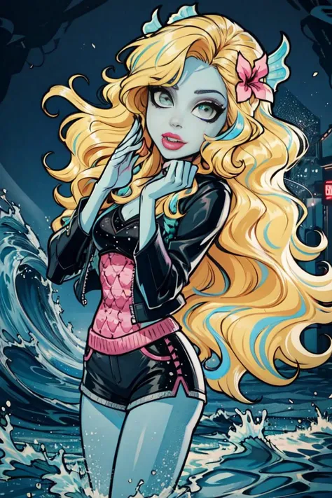 (Lagoona_Blue_MH:1.2), green eyes, blonde hair, blue highlights in hair, blue skin, pink flower in hair, black short shorts, black jacket, ocean environment, waves, bubbles, (realistic:1.2), (masterpiece:1.2), (full-body-shot:1),(Cowboy-shot:1.2), neon lighting, dark romantic lighting, (highly detailed:1.2),(detailed face:1.2), (gradients), colorful, detailed eyes, (natural lighting:1.2), (cute pose:1.2), (solo, one person, 1girl:1.5),<lora:Lagoona_Blue_MH:0.6> <lora:add_detail:0.15> <lora:hipoly3DModelLora_v10:0.05>
<lyco:coloredSkin-08:0.4>