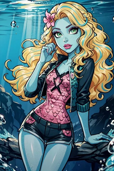 (Lagoona_Blue_MH:1.2), (green eyes, blonde hair, blue highlights in hair, blue skin), pink flower in hair, black short shorts, black jacket, underwater, ocean environment, waves, bubbles, (realistic:1.2), (masterpiece:1.2), (full-body-shot:1),(Cowboy-shot:1.2), neon lighting, dark romantic lighting, (highly detailed:1.2),(detailed face:1.2), (gradients), colorful, detailed eyes, (natural lighting:1.2), (cute pose:1.2), (solo, one person, 1girl:1.5),<lora:Lagoona_Blue_MH:0.6> <lora:add_detail:0.15> <lora:hipoly3DModelLora_v10:0.05> 
 <lyco:coloredSkin-08:0.4> <lora:BeautifulEyes:0.1>