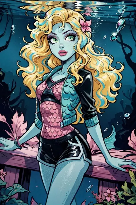 (Lagoona_Blue_MH:1.2), (green eyes, blonde hair, blue highlights in hair, blue skin), pink flower in hair, black short shorts, black jacket, underwater, ocean environment, waves, bubbles, (realistic:1.2), (masterpiece:1.2), (full-body-shot:1),(Cowboy-shot:1.2), neon lighting, dark romantic lighting, (highly detailed:1.2),(detailed face:1.2), (gradients), colorful, detailed eyes, (natural lighting:1.2), (cute pose:1.2), (solo, one person, 1girl:1.5),<lora:Lagoona_Blue_MH:0.6> <lora:add_detail:0.15> <lora:hipoly3DModelLora_v10:0.05>
<lyco:coloredSkin-08:0.4> <lora:BeautifulEyes:0.1>