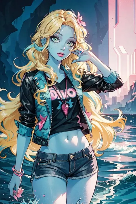 (Lagoona_Blue_MH:1.2), (green eyes, blonde hair, blue highlights in hair, blue skin), pink flower in hair, black short shorts, black jacket, ocean environment, waves, bubbles, (realistic:1.2), (masterpiece:1.2), (full-body-shot:1),(Cowboy-shot:1.2), neon lighting, dark romantic lighting, (highly detailed:1.2),(detailed face:1.2), (gradients), colorful, detailed eyes, (natural lighting:1.2), (cute pose:1.2), (solo, one person, 1girl:1.5),<lora:Lagoona_Blue_MH:0.5> <lora:add_detail:0.15> <lora:hipoly3DModelLora_v10:0.05> 
 <lyco:coloredSkin-08:0.4> <lora:BeautifulEyes:0.1>