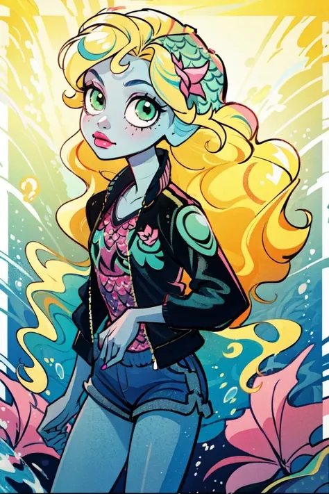 (Lagoona_Blue_MH:1.2), (green eyes, blonde hair, blue highlights in hair, blue skin), pink flower in hair, black short shorts, black jacket, underwater, ocean environment, waves, bubbles, (realistic:1.2), (masterpiece:1.2), (full-body-shot:1),(Cowboy-shot:1.2), neon lighting, dark romantic lighting, (highly detailed:1.2),(detailed face:1.2), (gradients), colorful, detailed eyes, (natural lighting:1.2), (cute pose:1.2), (solo, one person, 1girl:1.5),<lora:Lagoona_Blue_MH:0.6> <lora:add_detail:0.15> <lora:hipoly3DModelLora_v10:0.05> 
 <lyco:coloredSkin-08:0.4> <lora:BeautifulEyes:0.1>