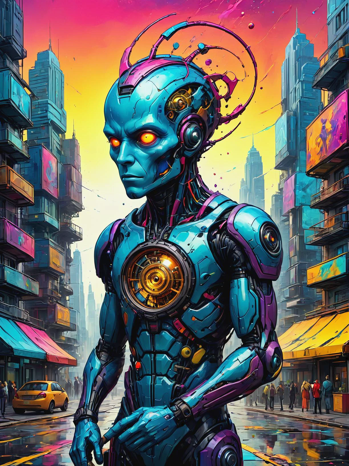 Biomechanical artist creating living sculptures in Quantum city experiencing time dilation, ultra-fine digital painting, <lora:xl_more_art-full_v1:0.3>, <lora:EldritchComicsXL:0.7>, <lora:gorgoeus_splash_of_vibrant_paint:0.7> Gorgeous splash of vibrant paint