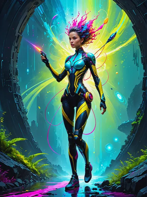 Teleportation specialist conducting covert missions in Genetic memory altering future evolution, ultra-fine digital painting, <lora:xl_more_art-full_v1:0.3>, <lora:gorgoeus_splash_of_vibrant_paint:0.7> Gorgeous splash of vibrant paint, <lora:PE_NeonUV Style:0.7> PENeonUV