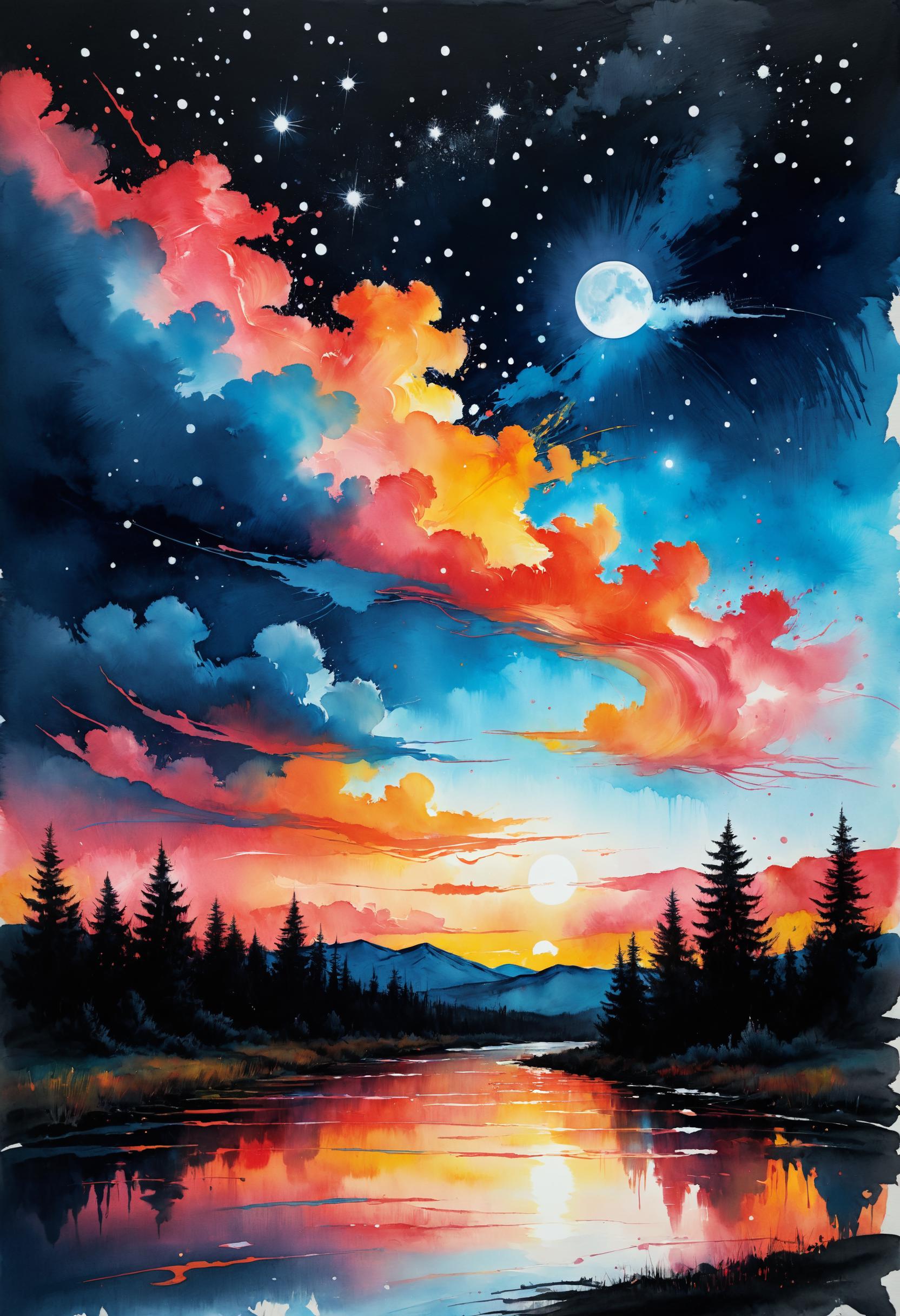 A painting of a sunset with a lake and trees - SeaArt AI