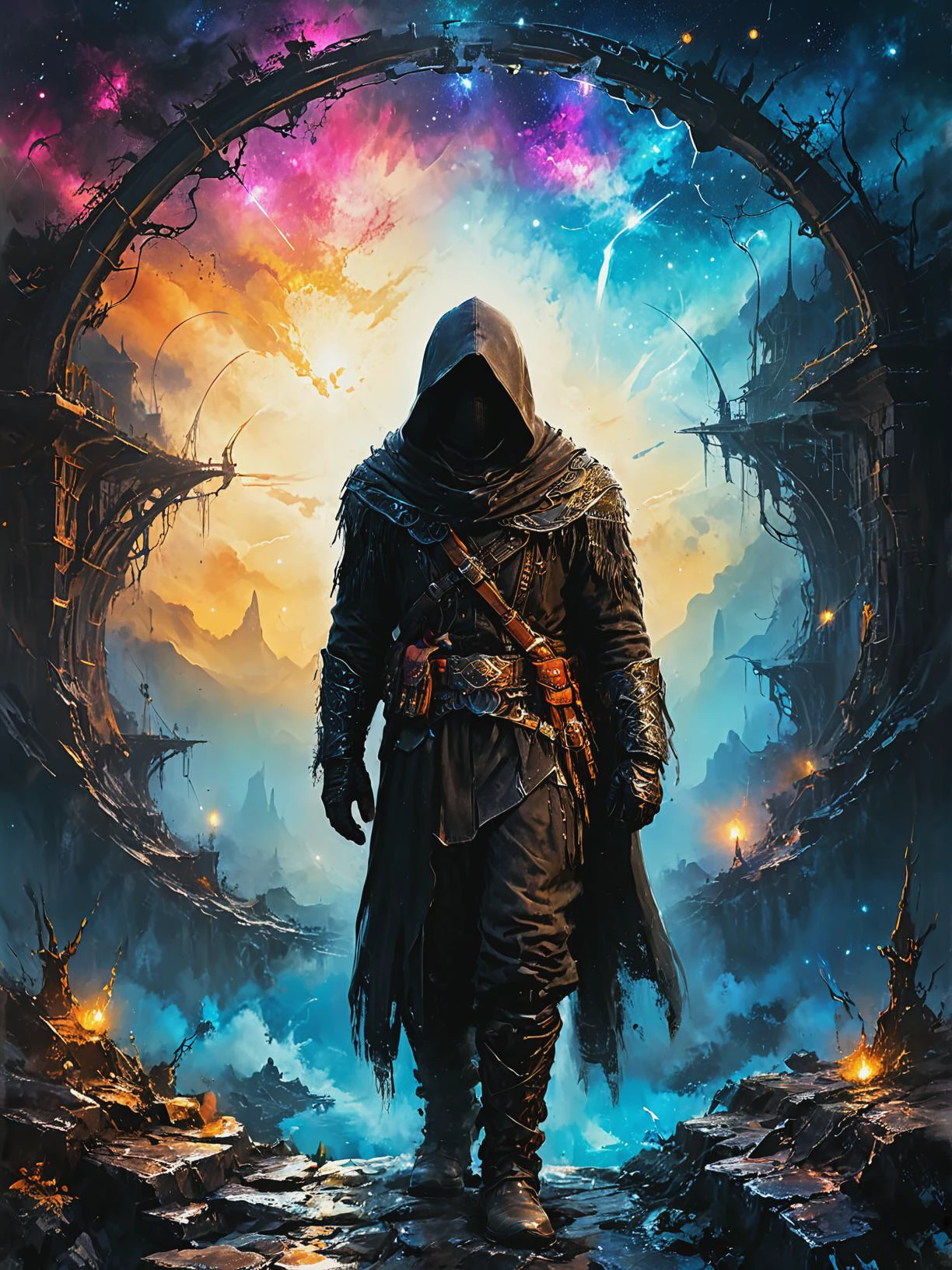 a <lora:RPGBanditXL:0.7> bandit in a Celestial bridge connecting realms, ultra-fine digital painting, <lora:xl_more_art-full_v1:0.3>, <lora:Desolation:0.6> <lora:gorgoeus_splash_of_vibrant_paint:0.7> Gorgeous splash of vibrant paint